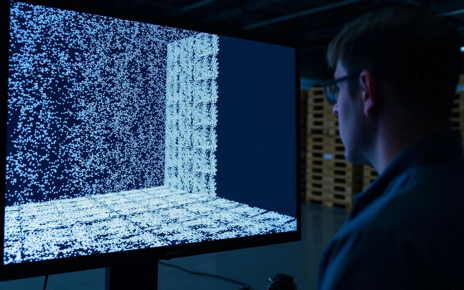 Point cloud data being reviewed for quality control on a monitor